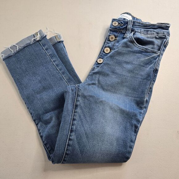 Kancan Jeans Women's 28 Blue Medium Wash Button Fly Rolled Raw Hem Cropped - Picture 8 of 16
